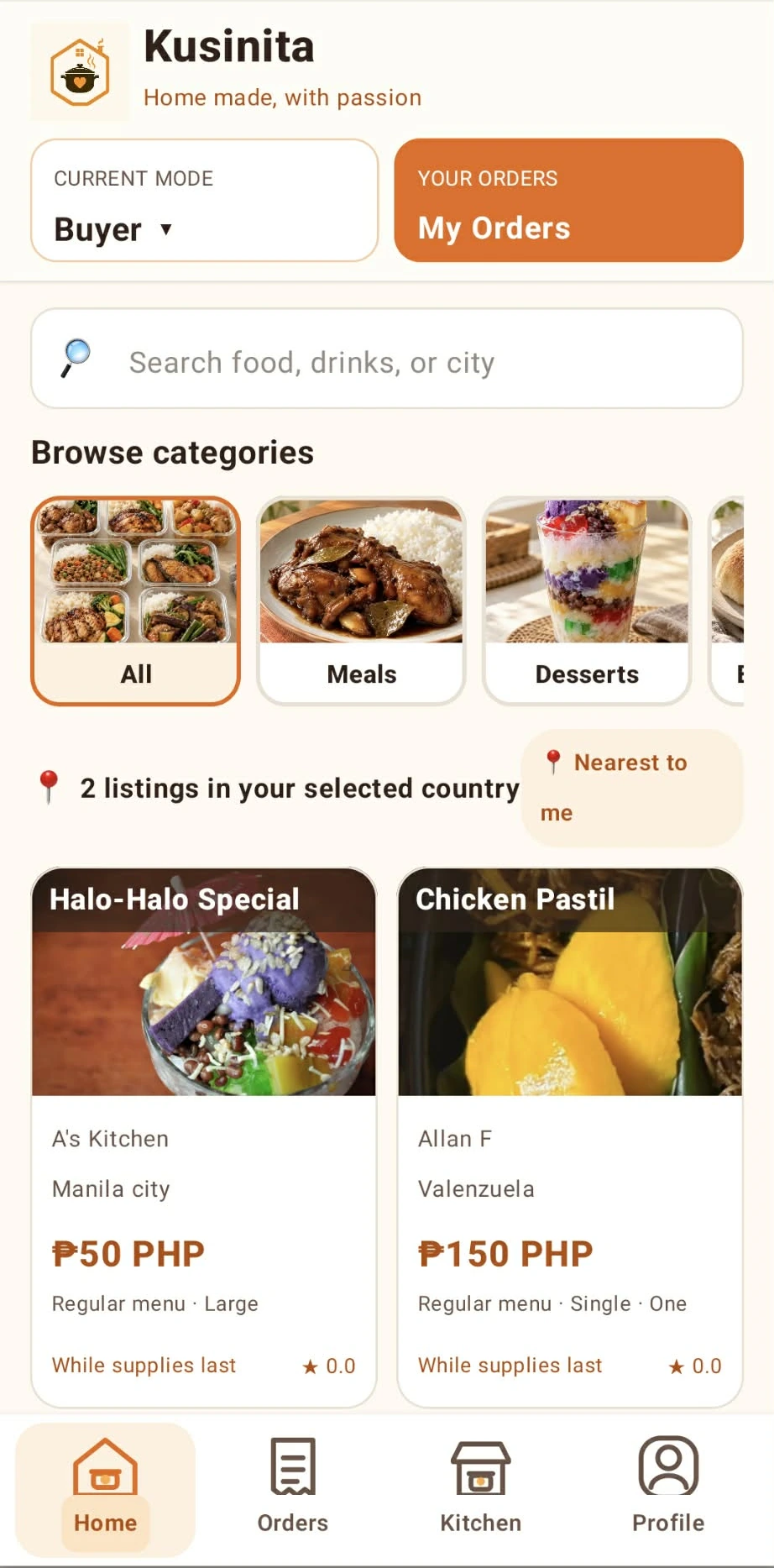 Actual Kusinita buyer home screen with food search, categories, serving sizes, orders, kitchen, and profile