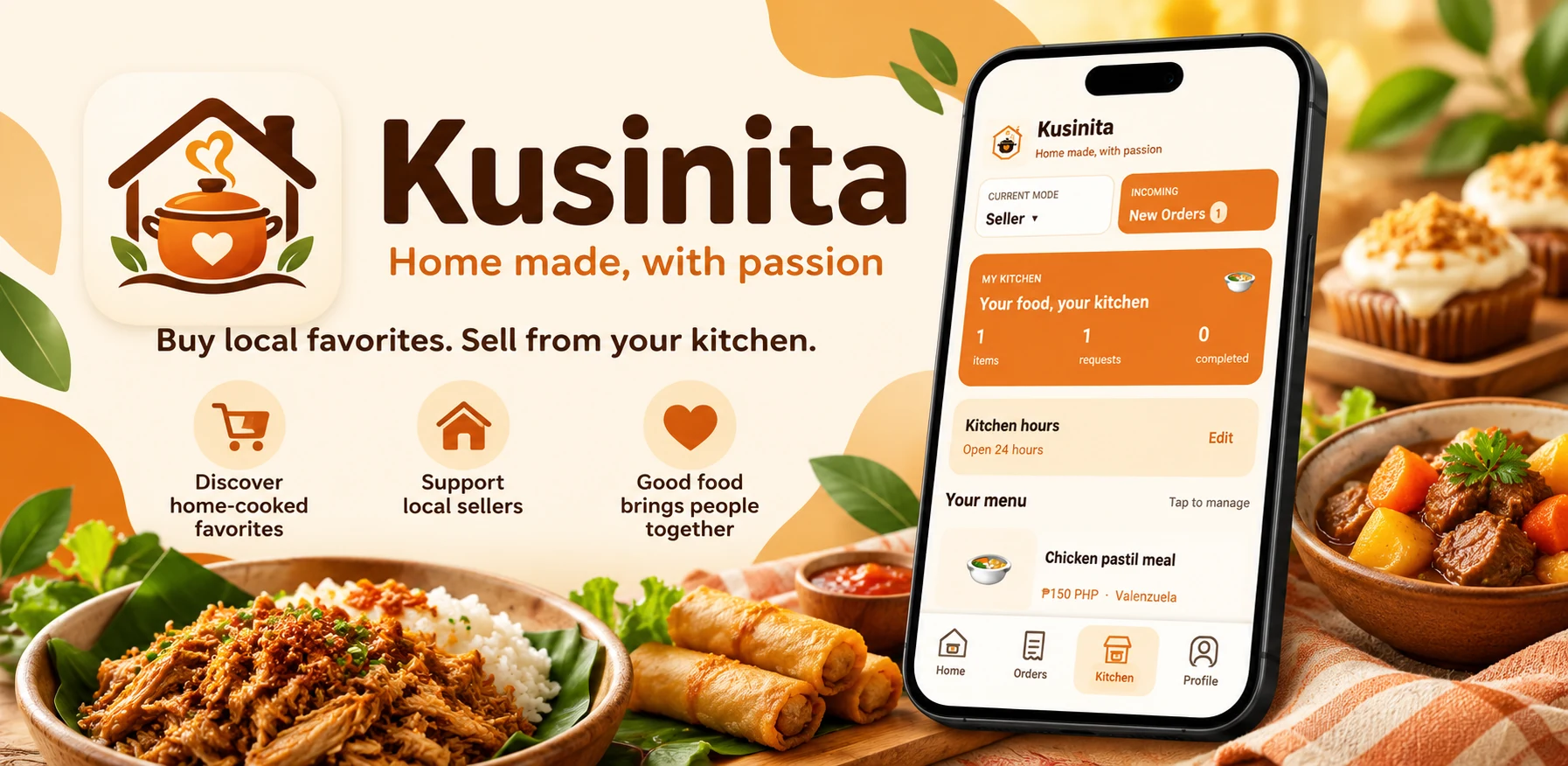 Kusinita artwork with home-cooked meals and the message Buy local favorites, sell from your kitchen