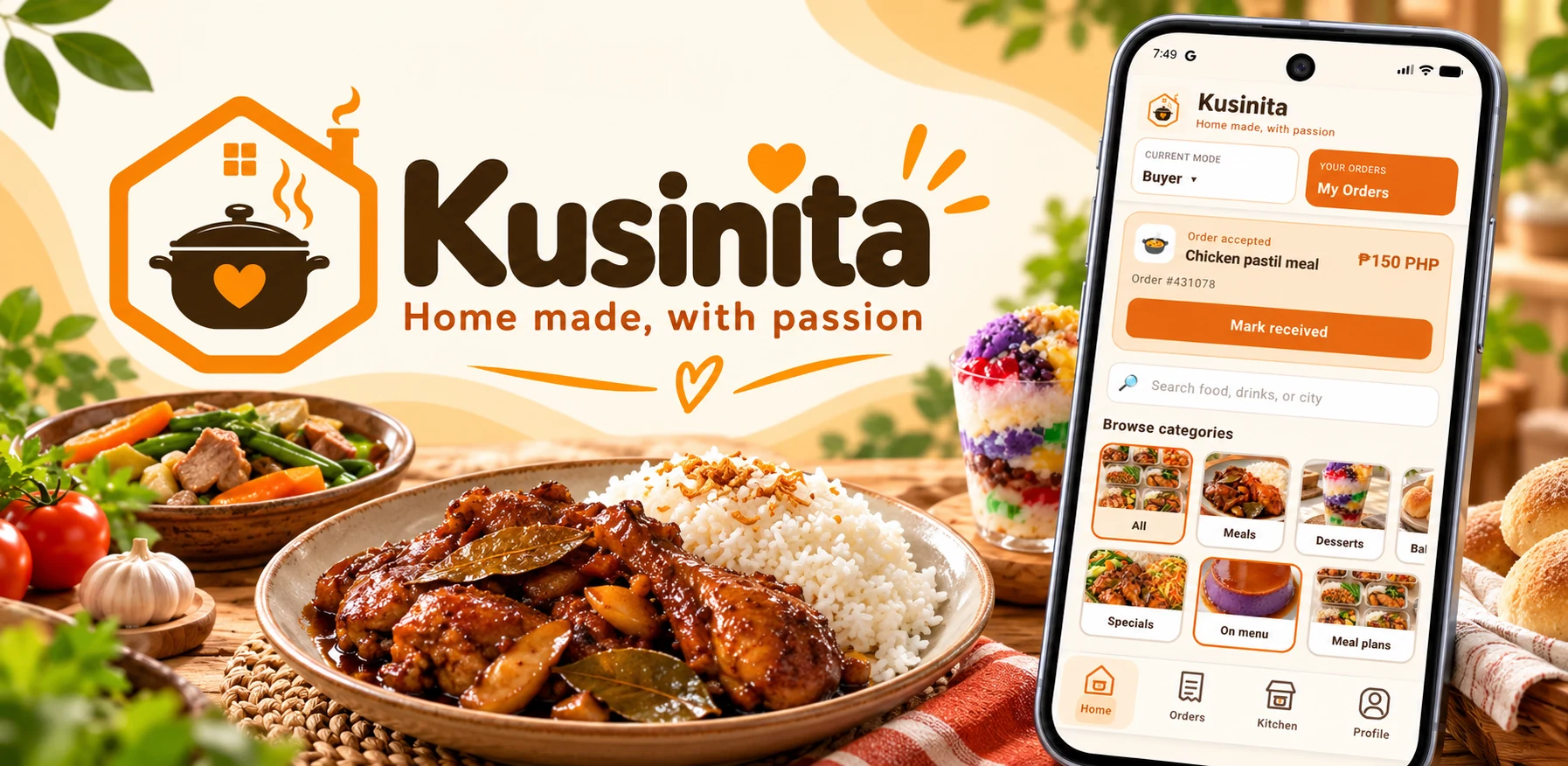 Kusinita home cooking artwork featuring homemade food, the house-and-pot logo, and an Android app preview